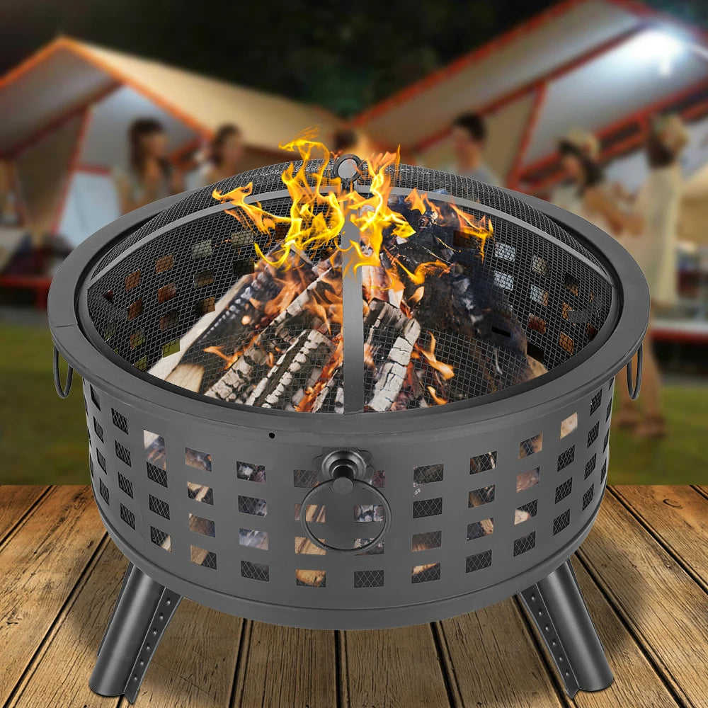 26" Outdoor Brazier Fireplace Fire Pit Burner for Camping Hiking Round Fire Bowl, Wood Burning Patio Firepit