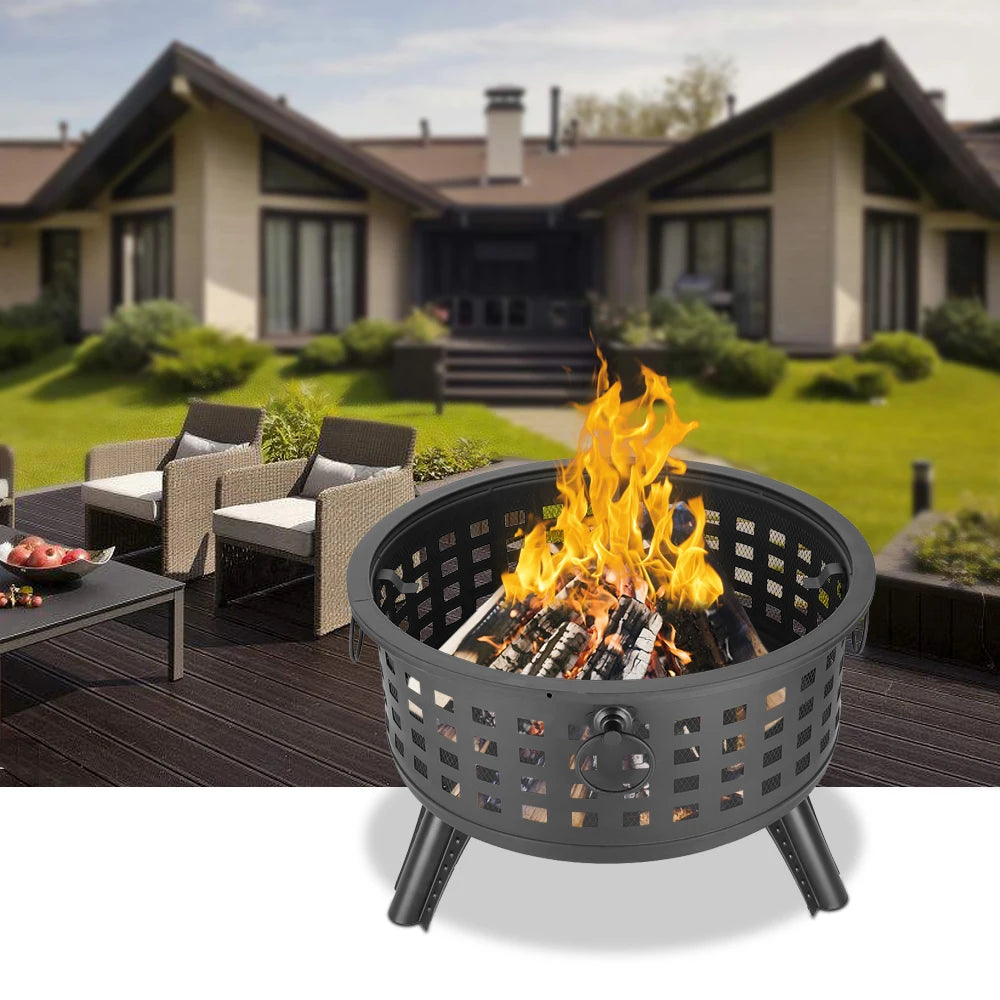 26" Outdoor Brazier Fireplace Fire Pit Burner for Camping Hiking Round Fire Bowl, Wood Burning Patio Firepit