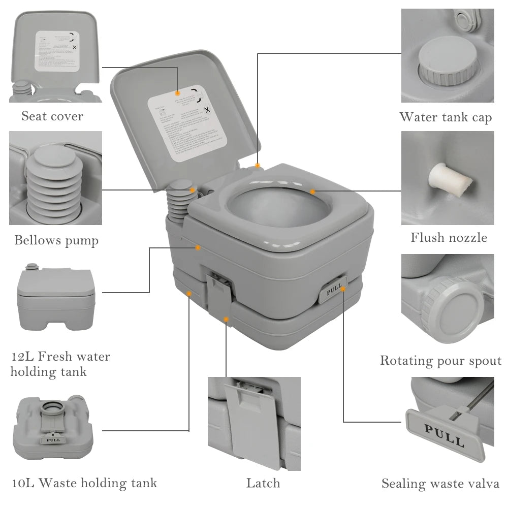 Portable Flush Toilet for Car Tent Outdoor Camping Removable 10L Plastic  with Double Outlet Odor Proof Leak Proof Durable