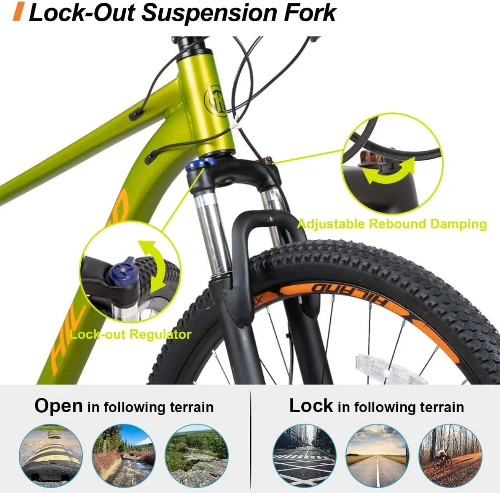 29 inch Mens Mountain Bike Hydraulic Disc-Brake Lock-Out Suspension Fork 16 Speeds Trail Bike