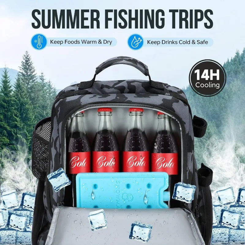 Fishing Backpack with Rod Holders & Cooler, 45L Large Water-resistant Fishing Tackle Bag