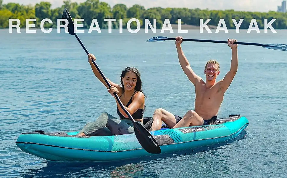 Inflatable Recreational Kayak - 2 Person with Drop Stitch Floor and Accessories Including Kayak Seats with High Back