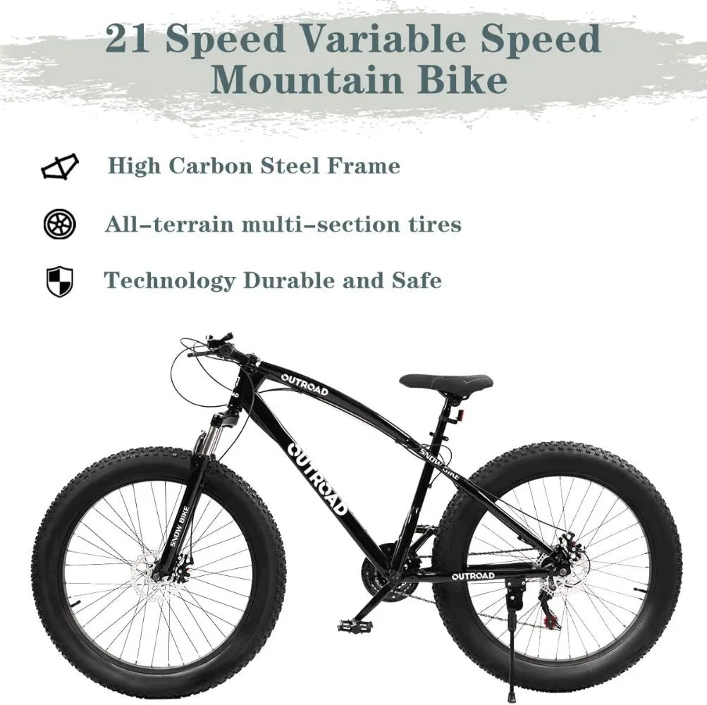 Tire Mountain Bike with 26 inch Wheels 21 Speed with High Carbon Steel Frame Double Disc Brake and Front Suspension Anti-Slip