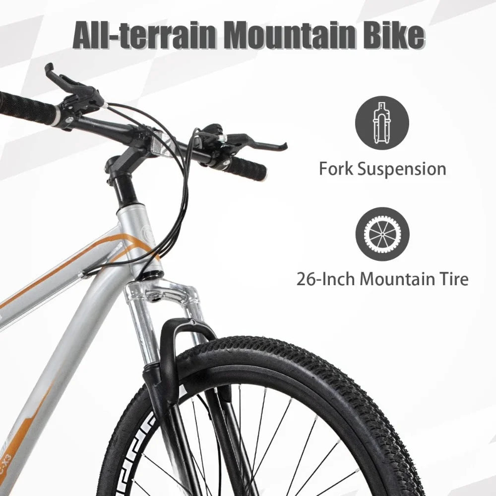 26 Inch Mountain Bike, Aluminum Frame, 21-Speed Dual Disc Brake Bicycle with Lock-Out Suspension Fork - Get Outdoors Now