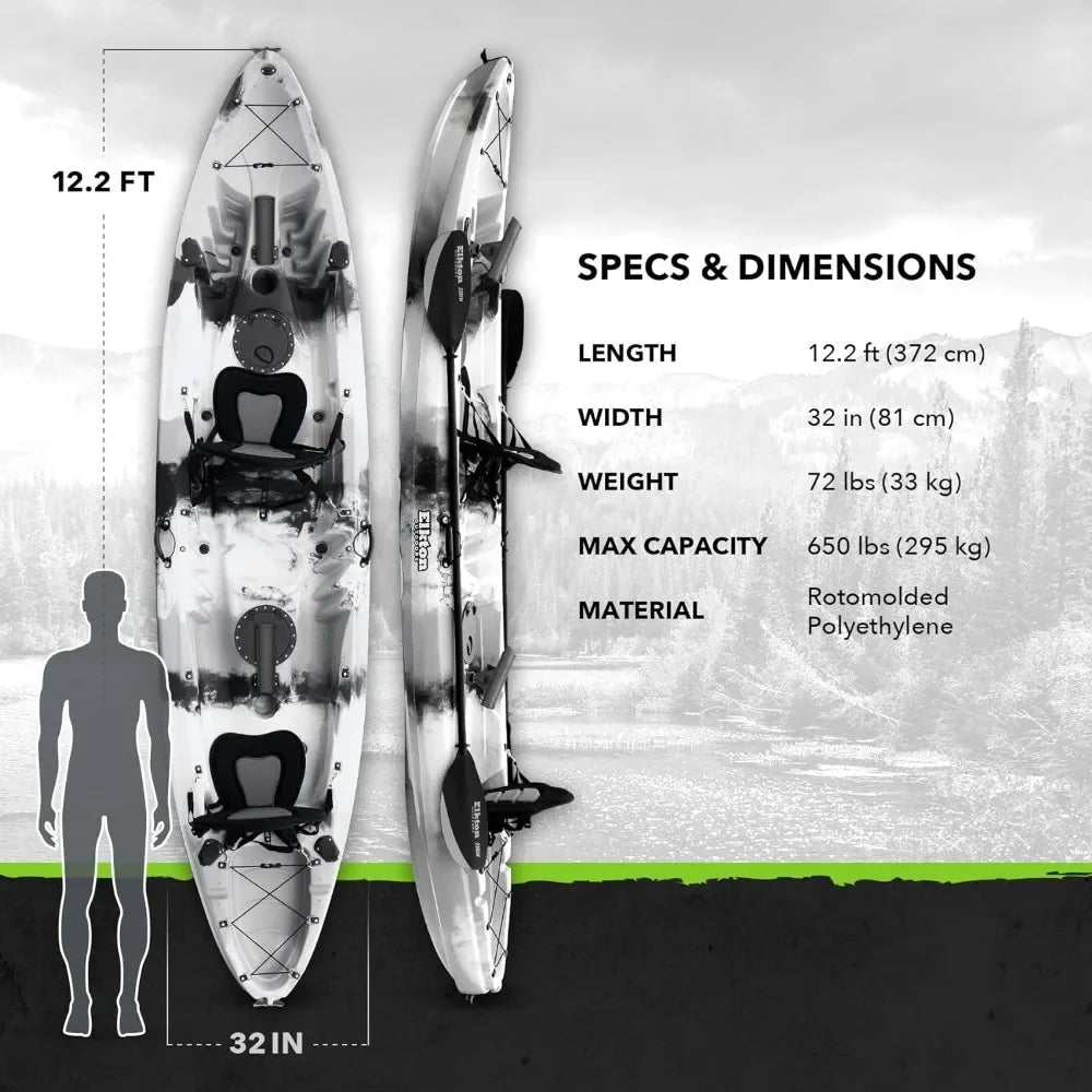 Hard Shell Recreational Tandem Kayak, Package with 2 EVA Padded Seats, Fishing Rod Holders, 2 or 3 Person Sit On Top Kaya