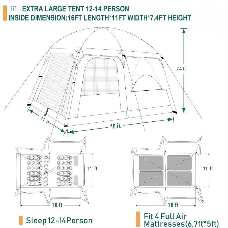 Extra Large Tent 10/12/14 Person,Family Cabin Tents,Waterproof,Double Layer,Big Tent for Outdoor,Picnic,Camping,Family Gathering - Get Outdoors Now