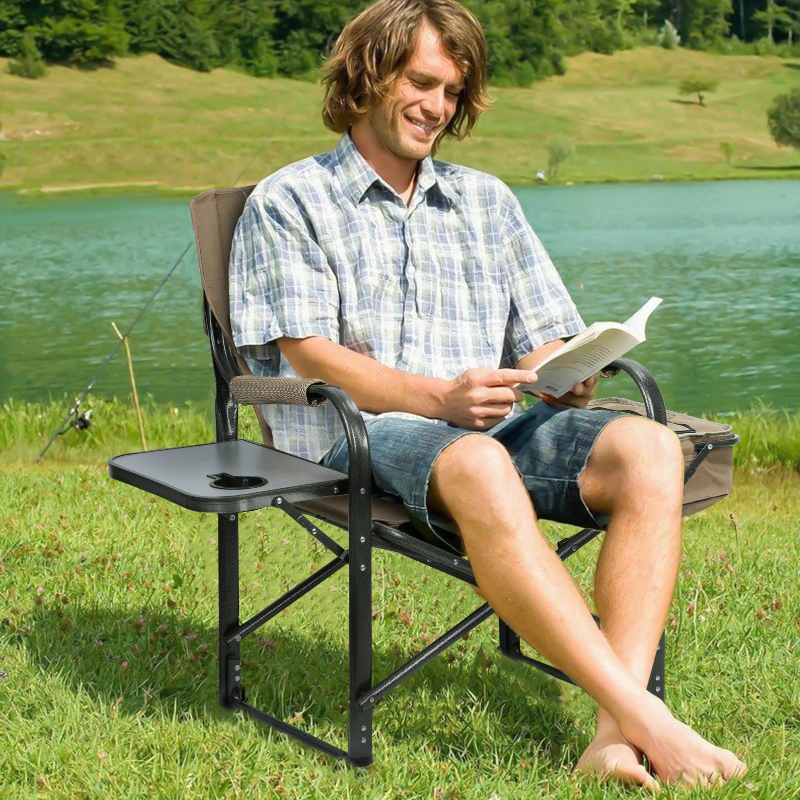 Fishing Chair, Folding Ice Camping Chair for Adults, Outdoor with Cooler Bag and Cup Holder, Director Chair - Get Outdoors Now