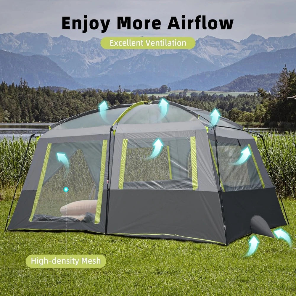 Camping Tents 10 Person Family Cabin Tent with 2 Doors and 4 Windows Large Multiple Room Tent with Floor Mats  for Camping