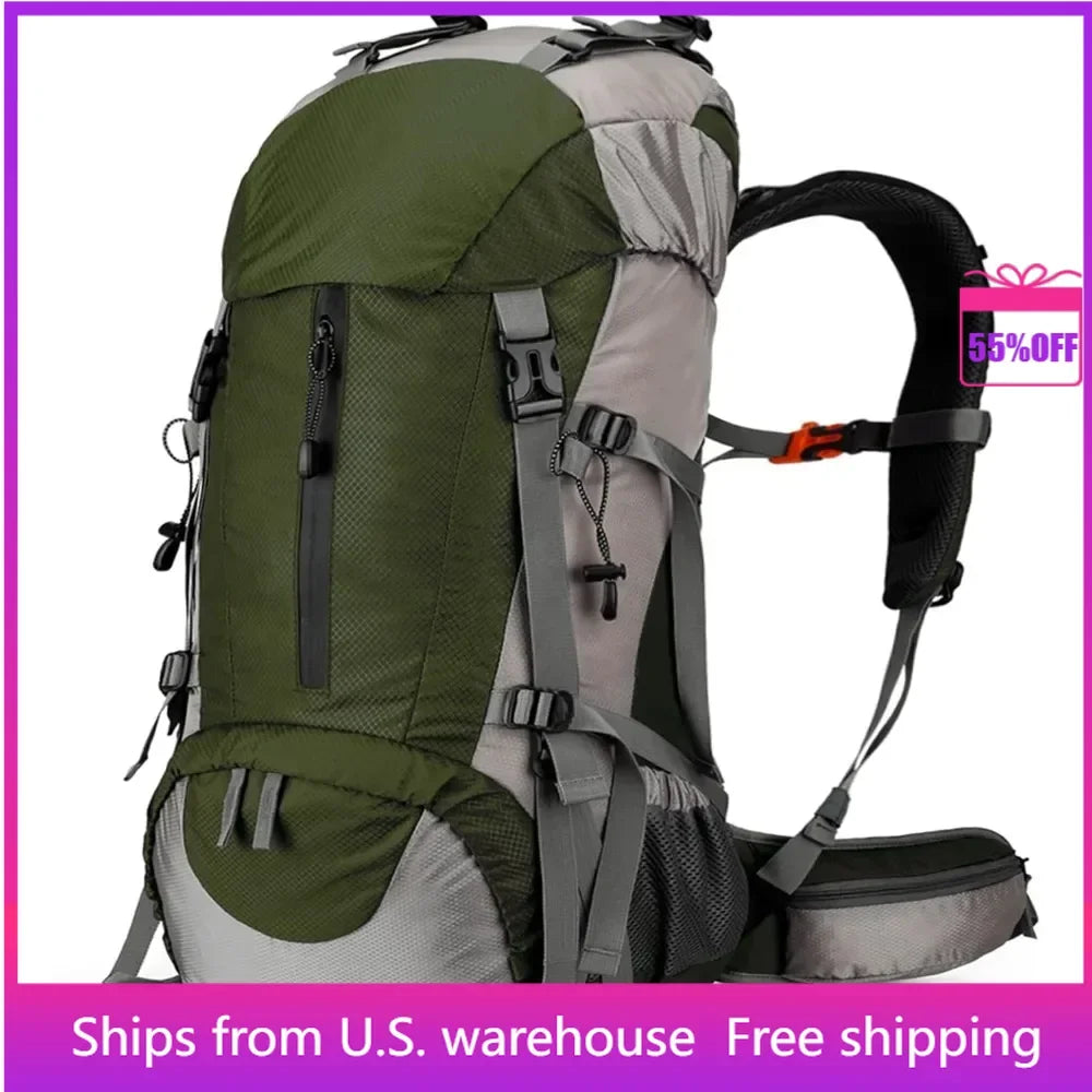 Hiking Backpack 50L, Waterproof Camping Essentials Bag with Rain Cover, 45+5 Liter Lightweight Backpacking