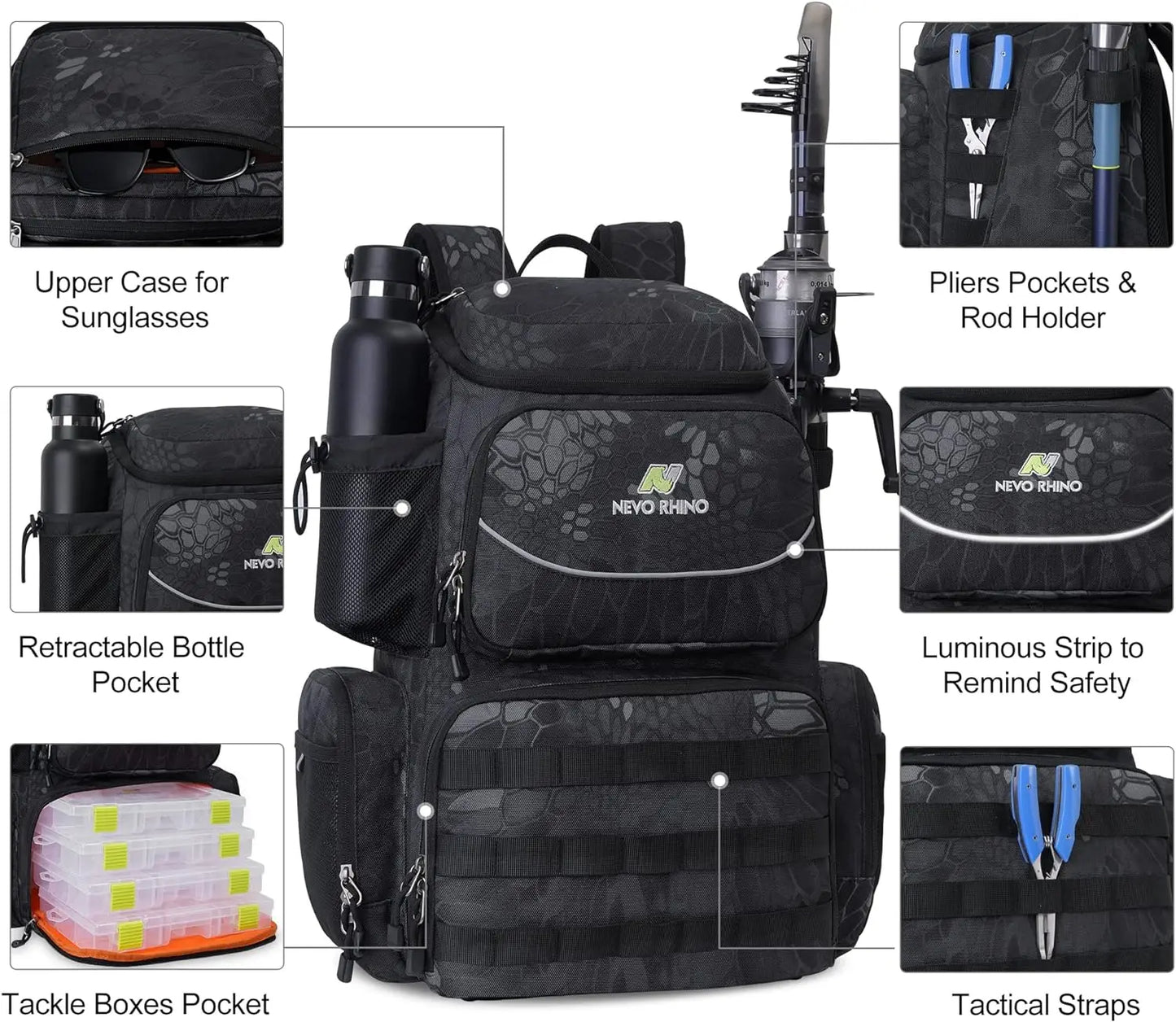 Fishing Tackle Backpack with 4 Tackle Boxes, Rod Holders, Waterproof Rain Cover, High-performance Tackle Bag