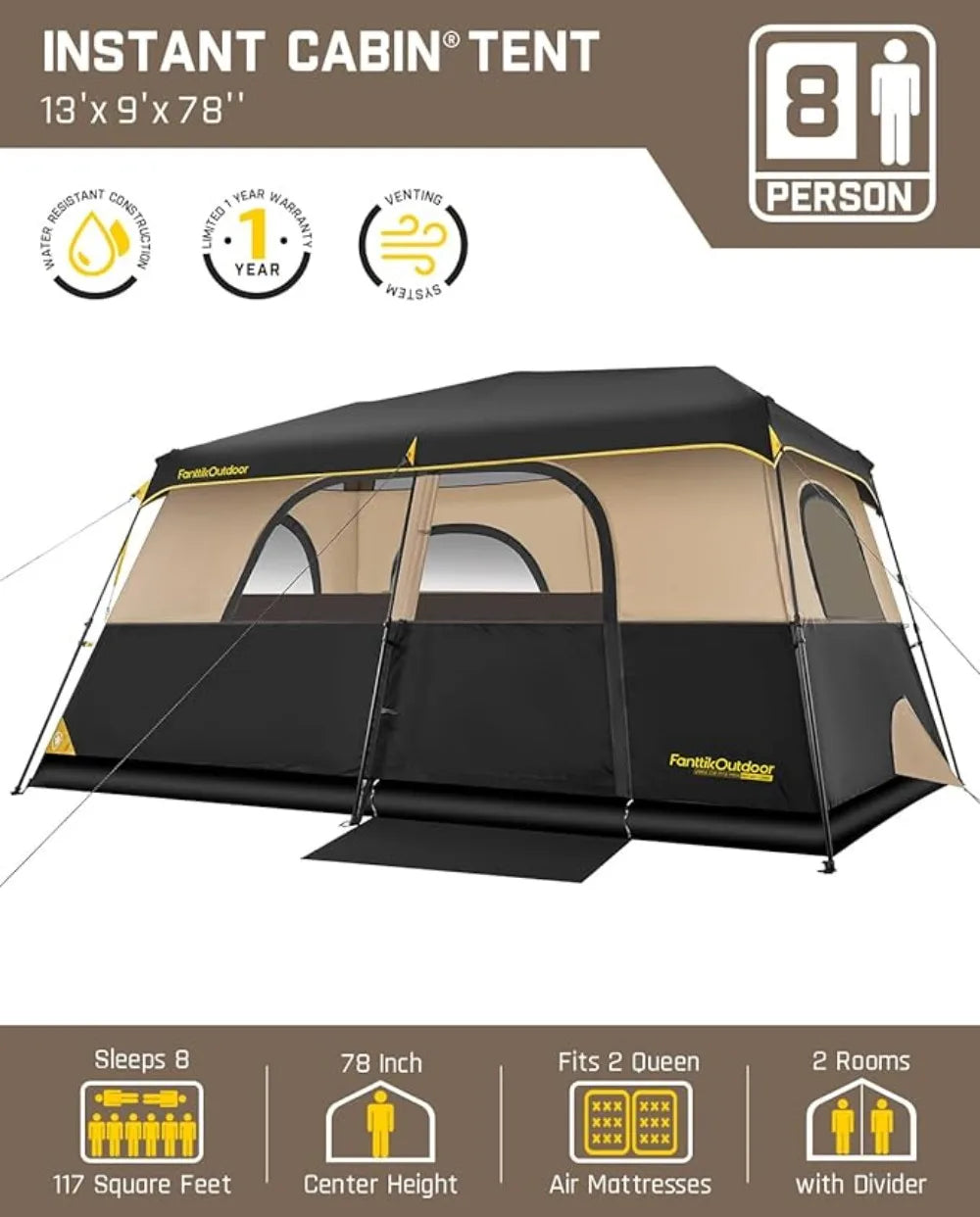 Tent Setup in 60s with Rainfly & Windproof Portable Tent with Carry Bag for Family Camping - Get Outdoors Now