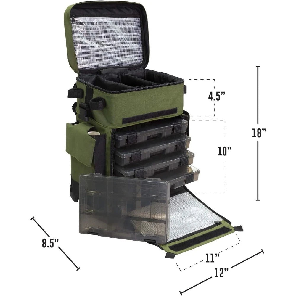 Tackle Box with Wheels - Waterproof Fishing Backpack, 5 Removable Trays, 4 Rod Holders, Gifts for Men, Fish Bag, Roller