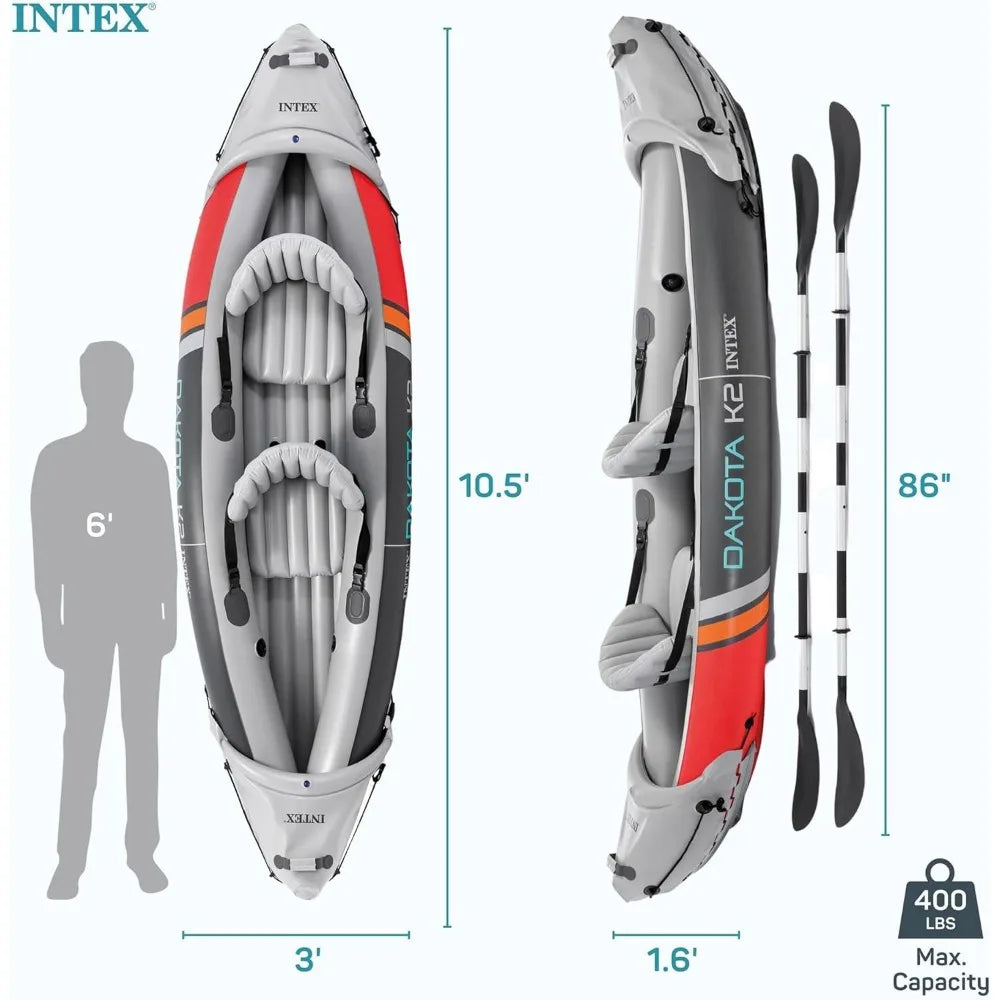 2 Person Inflatable Vinyl Kayak and Accessory Kit with 86 Inch Oars, Air Pump, and Carry Bag for Lakes and Rivers