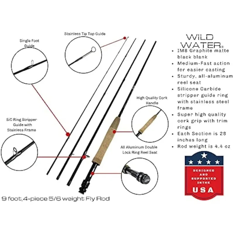 Wild Water Deluxe Fly Fishing Combo Starter Kit, 5 or 6 Weight 9 Foot Fly Rod, 4-Piece Graphite Rod with Cork Handle Accessories