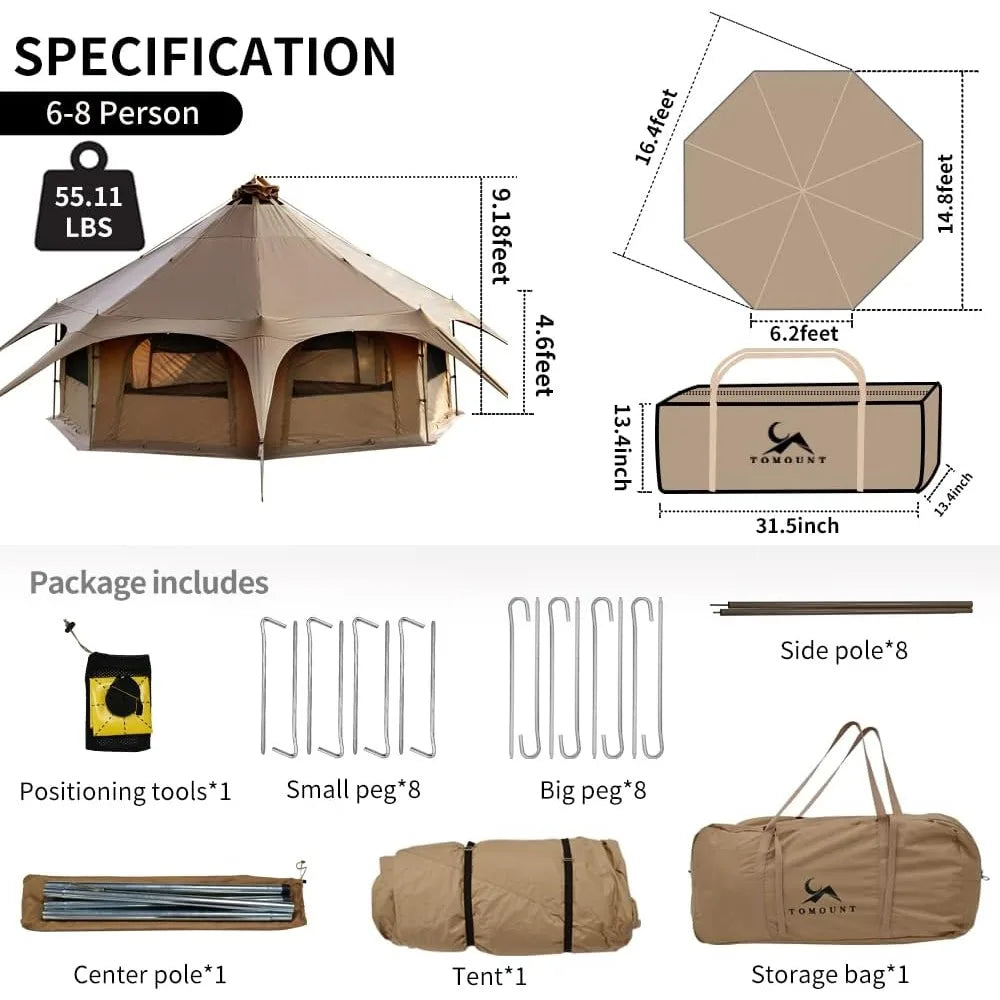 Canvas Tent Bell Tent 16.4ft*High9.2ft with Stove Jack for Glamping Family Camping Zipped Removable Floor - Get Outdoors Now