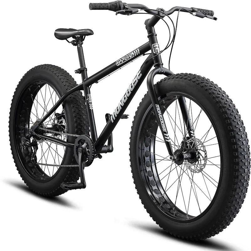 Mongoose Men's and Women Fat Tire Mountain Bike, 26-Inch Bicycle Wheels, 4-Inch Wide Knobby Tires