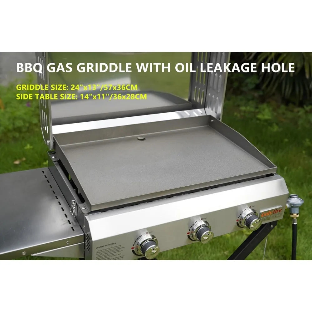 BBQ Gas Griddle 3-Burner With Cart & Side Table Gas Stove for Trips Outdoor Camping Cooking Set Tent Folding Fire Pit