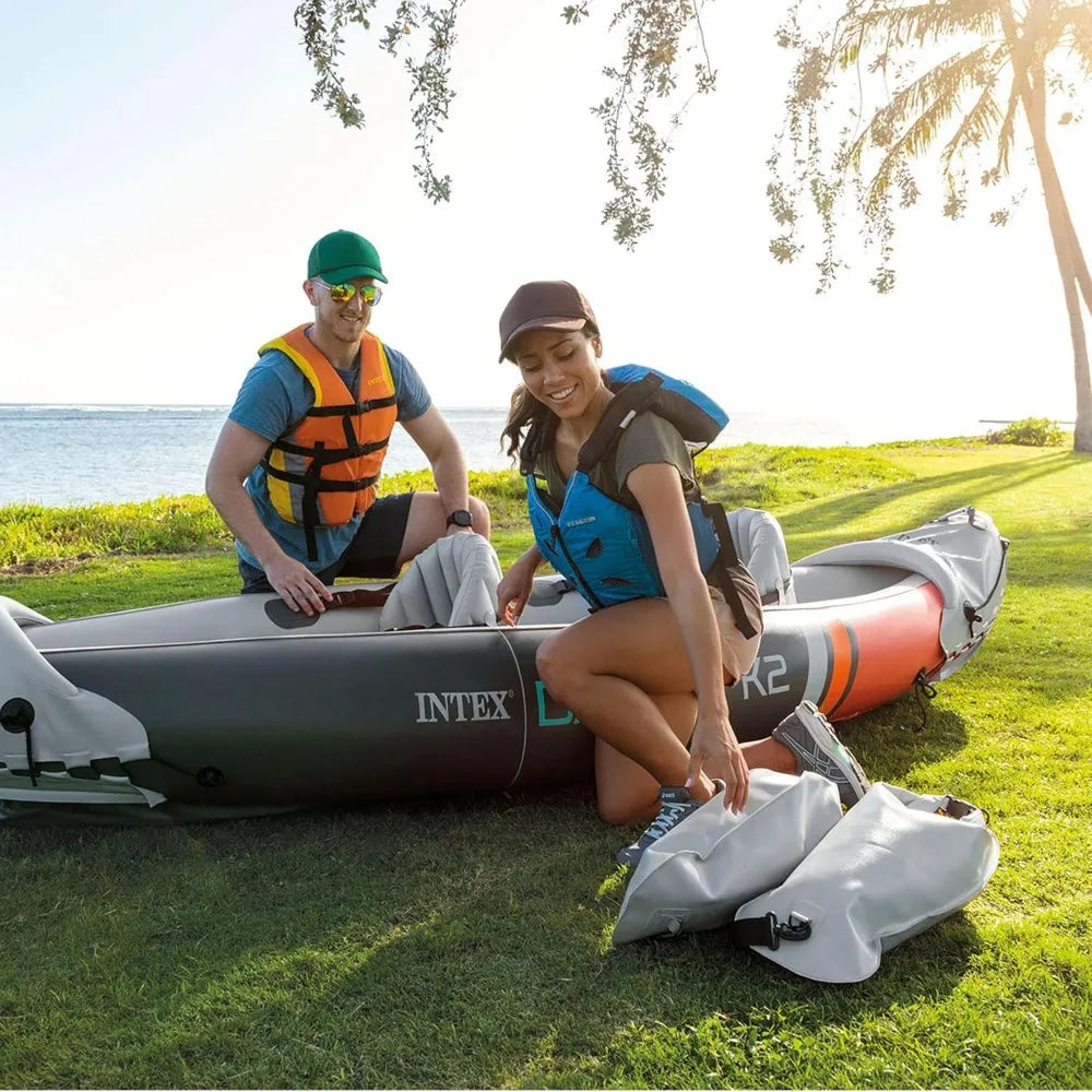 2 Person Inflatable Vinyl Kayak and Accessory Kit with 86 Inch Oars, Air Pump, and Carry Bag for Lakes and Rivers