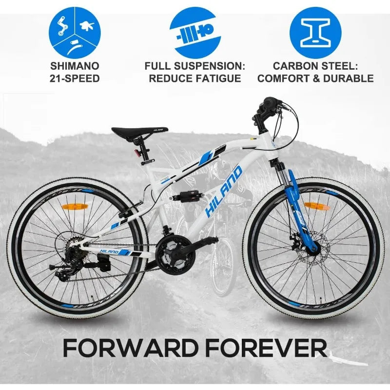 26 Inch Mountain Bike,Full-Suspension 21 Speeds Drive train with Disc-Brake MTB Bicycle,for Men, Women Bike