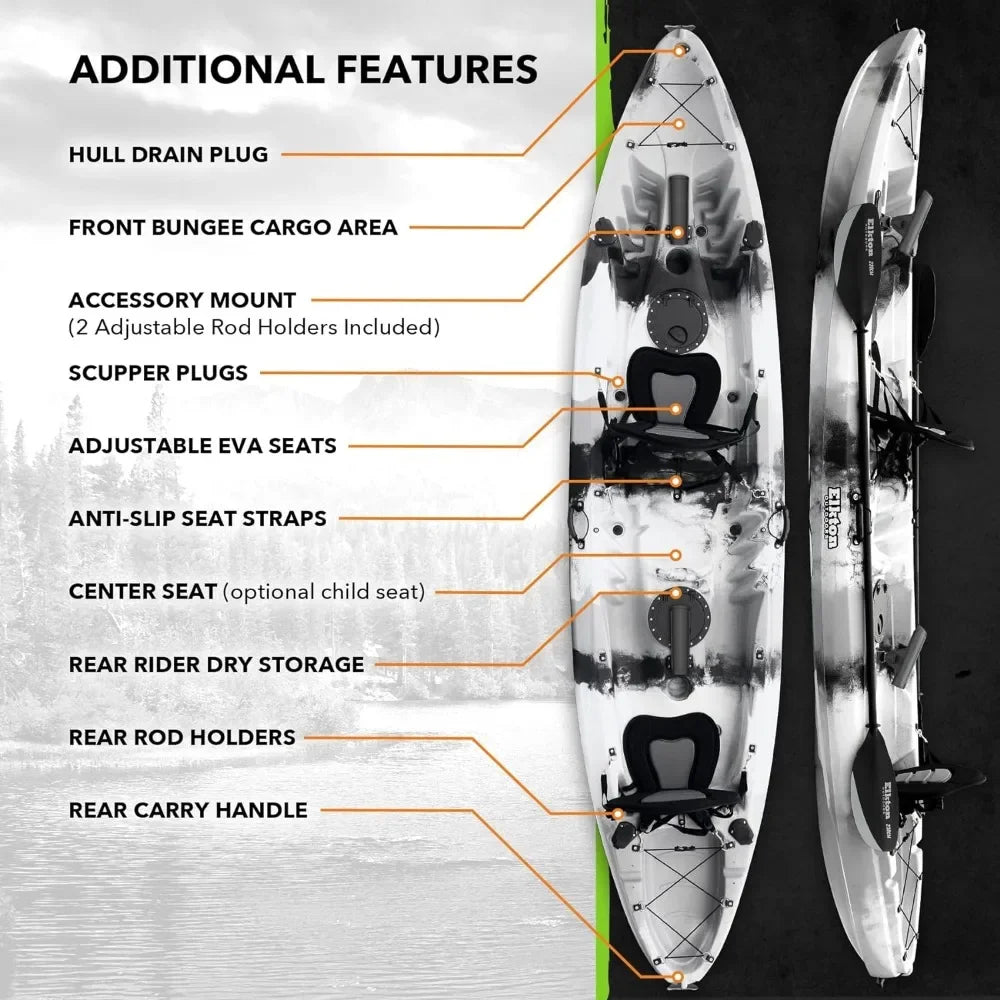 Hard Shell Recreational Tandem Kayak, Package with 2 EVA Padded Seats, Fishing Rod Holders, 2 or 3 Person Sit On Top Kaya