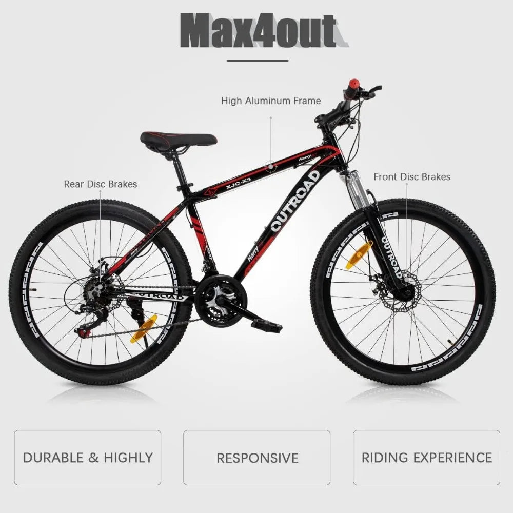 26 inch Mountain Bike,Dual Front Suspension, Double Disc Brake and High Carbon Steel Frame Anti-Slip Bicycle - Get Outdoors Now