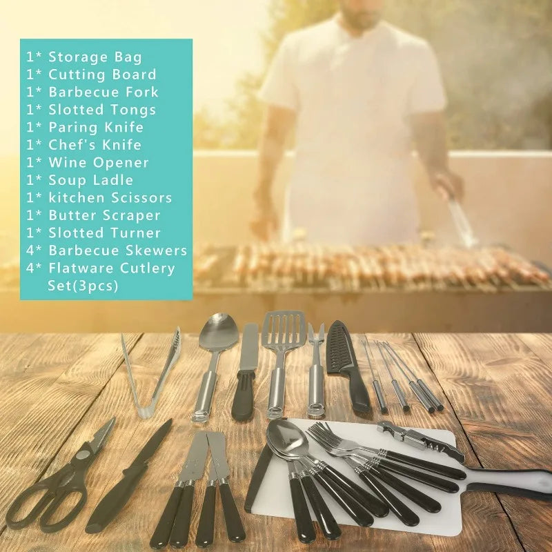 Camping Kitchen Utensil Set, 27-Piece Stainless Steel Outdoor Cooking and Grilling Utensil Organizer