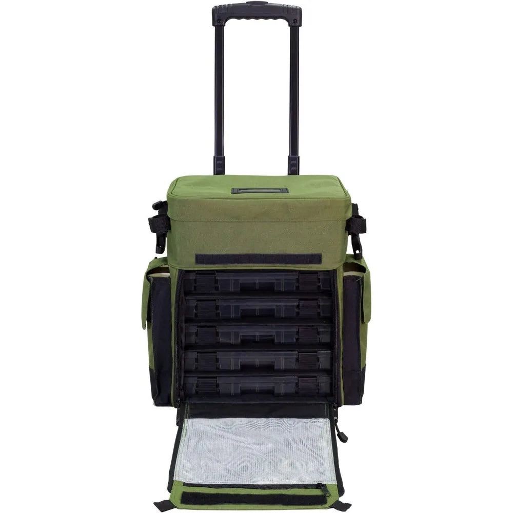 Tackle Box with Wheels - Waterproof Fishing Backpack, 5 Removable Trays, 4 Rod Holders, Gifts for Men, Fish Bag, Roller