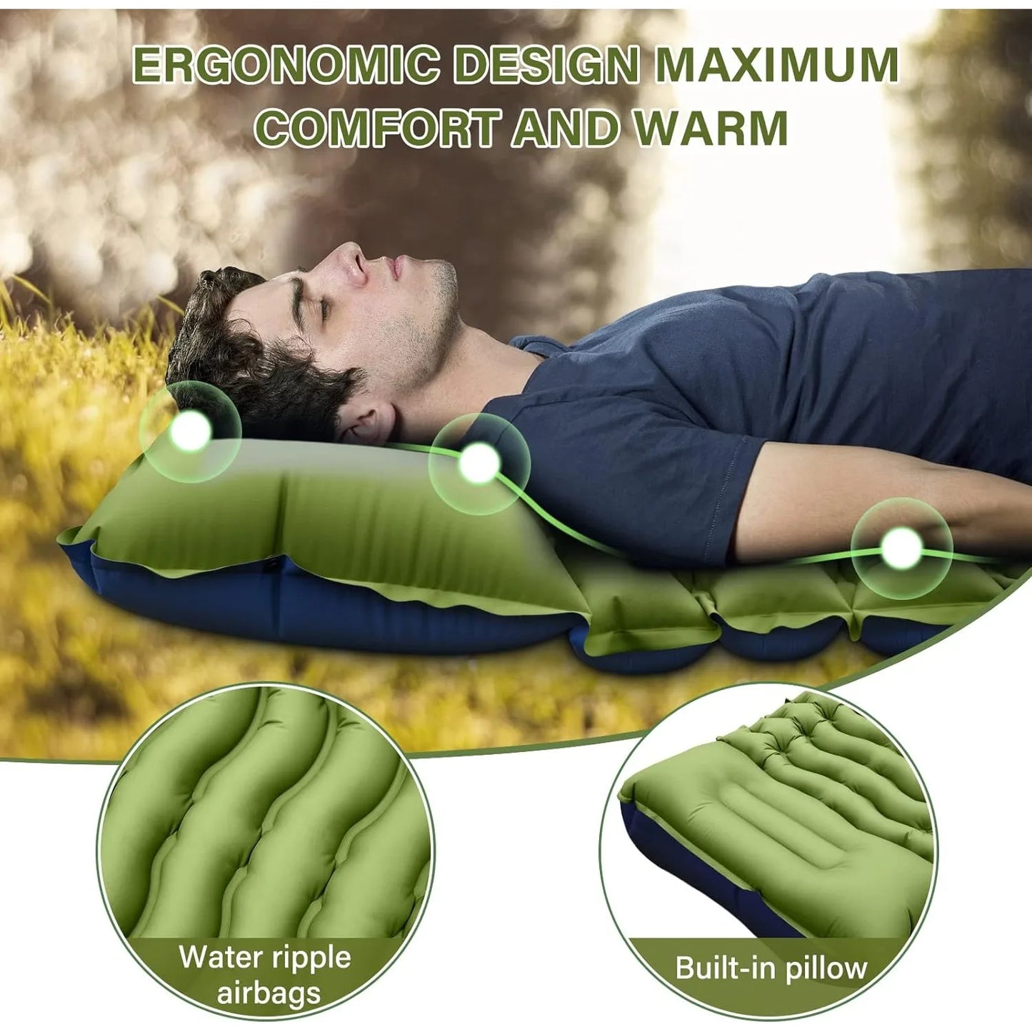 Camping Sleeping Pad, Ultralight Mat with Pillow Built-in Foot Pump Inflatable Sleeping Pads Compact for Camping