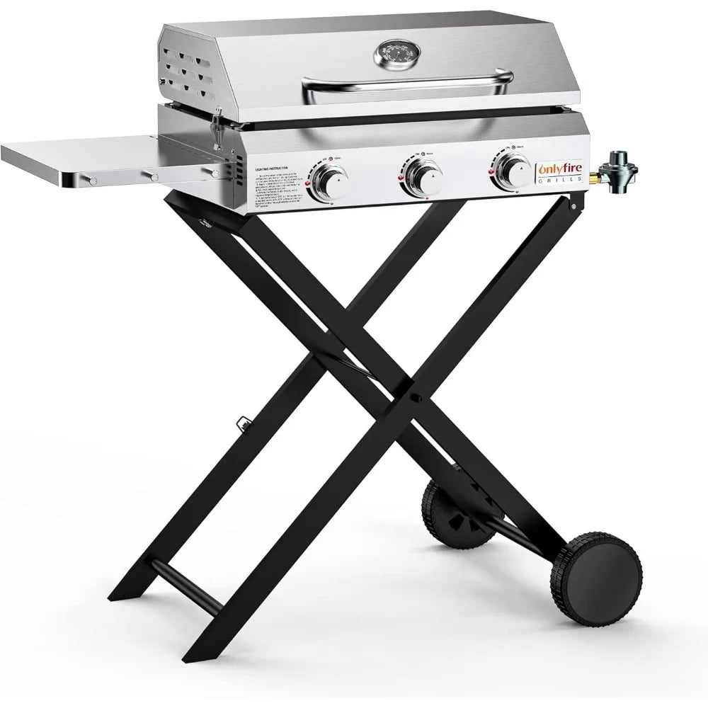 BBQ Gas Griddle 3-Burner With Cart & Side Table Gas Stove for Trips Outdoor Camping Cooking Set Tent Folding Fire Pit