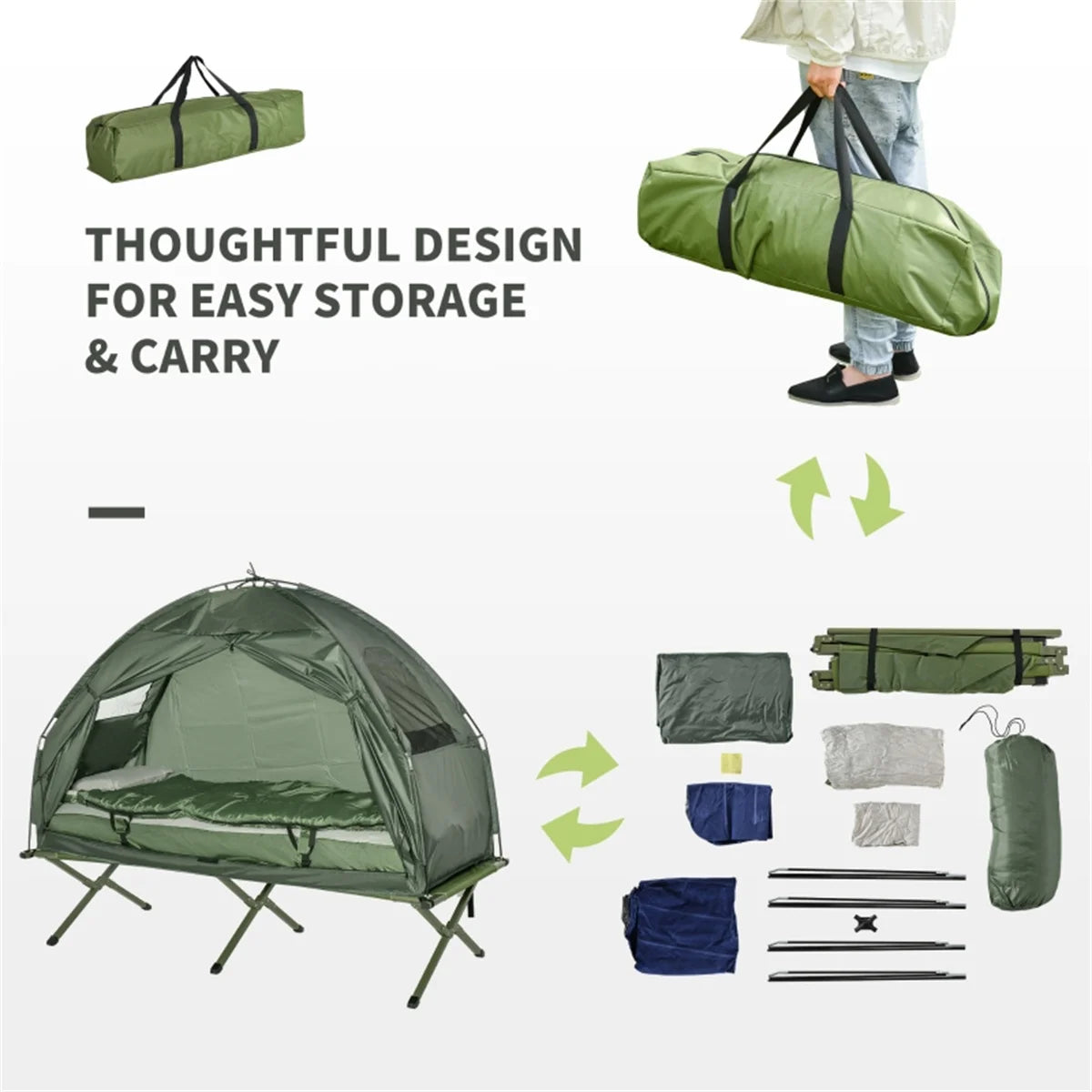 Camping Cots for Adults, Elevated Tent with Sleeping Bag, Thick Air Mattress Pad