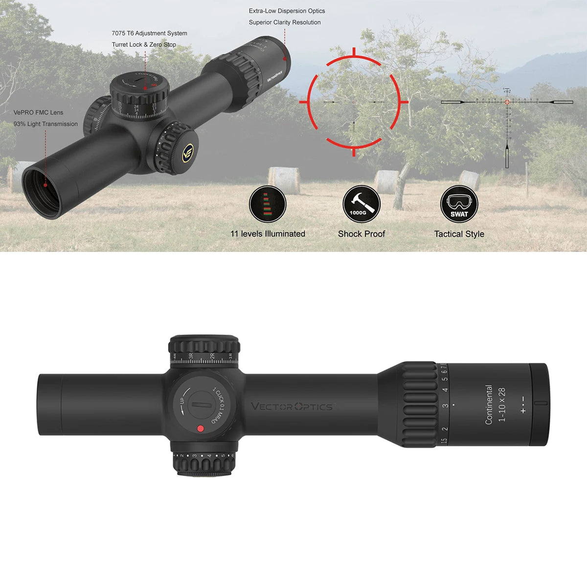 Continental x10 1-10x28 ED FFP Rifle scope With Tactical Acquisition Ring Style BDC Reticle For Hunting,Competition