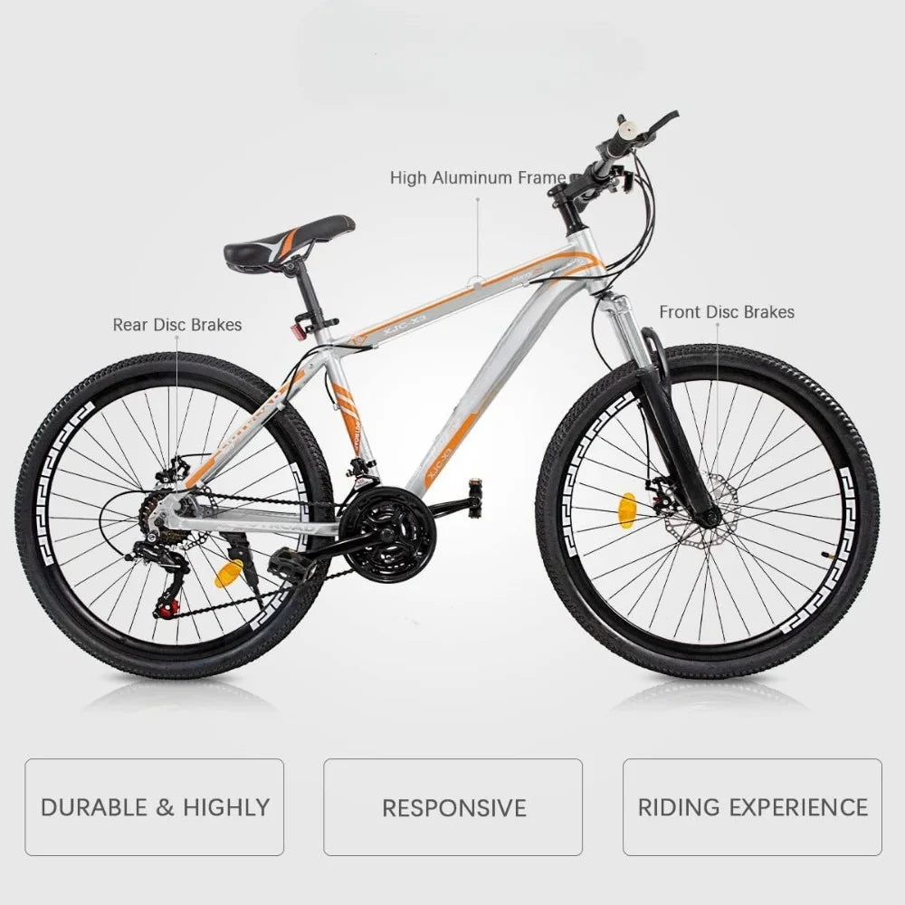 26 Inch Mountain Bike, Aluminum Frame, 21-Speed Dual Disc Brake Bicycle with Lock-Out Suspension Fork - Get Outdoors Now