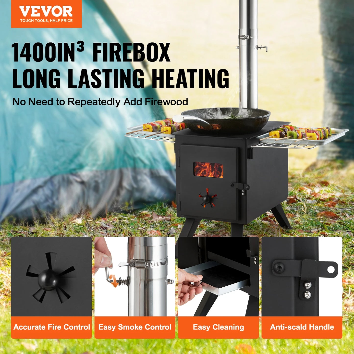 Wood Stove 86in Alloy Steel Camping Tent Stove Portable Wood Burning Stove with Chimney Pipes & Gloves 1400in³Firebox