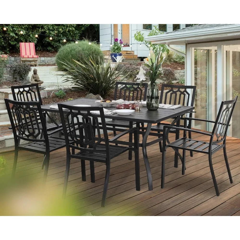 Camping Equipment 7 Piece Outdoor Dining Table Sets 6 Stackable Metal Chairs and 1 Large Rectangle Table Black Steel Slat Frame