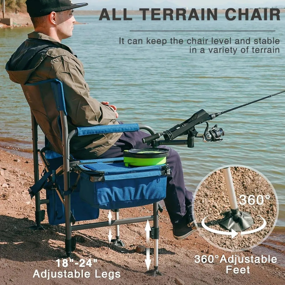 Fishing Chair With Rod Holder and Cooler All Terrain Ice Fishing Chair With Adjustable Feet Chairs for Camping, Beach