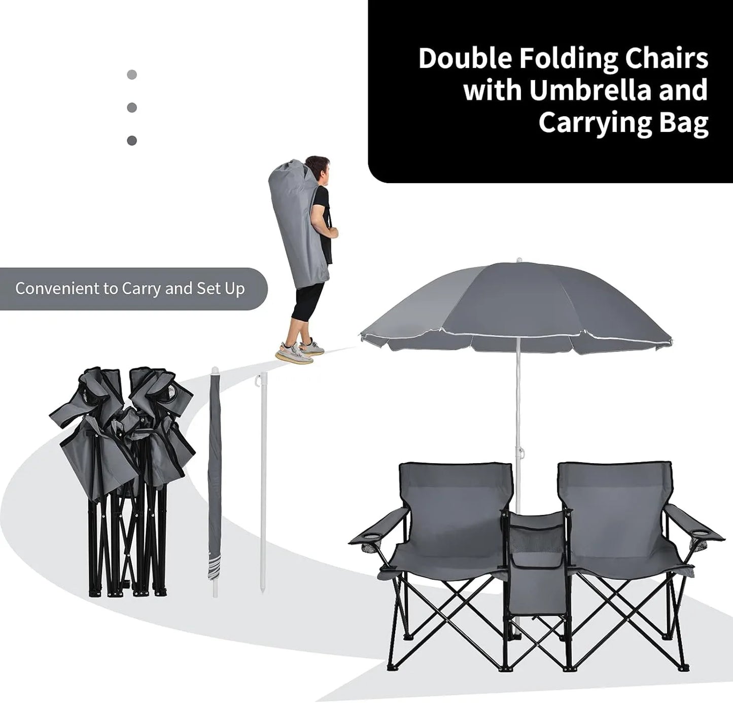 Portable Folding Picnic Double Chair W/Umbrella Table Cooler Beach, Camping Chair for  Patio Pool Park Outdoor