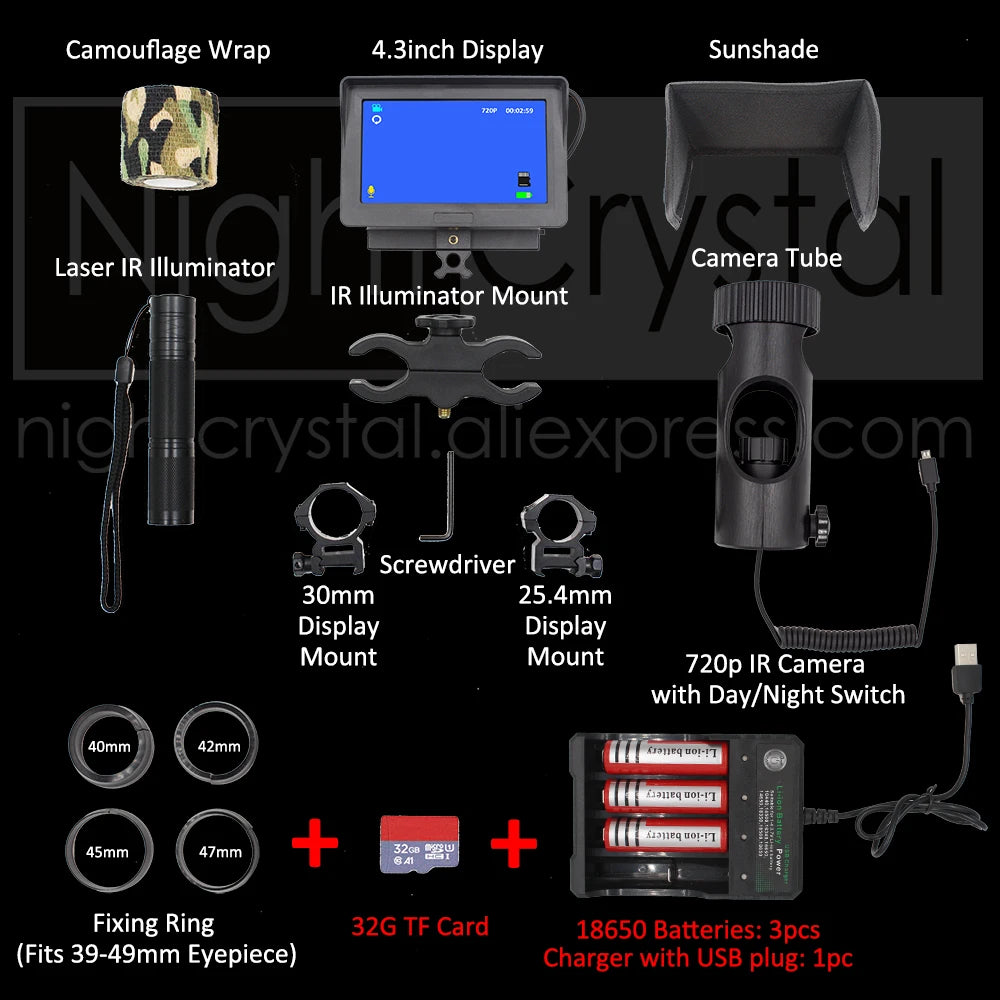 Day Night Vision Scope with Hunting Camera 4.3" Screen and Laser IR Lantern Optics Sight 720P HD Record Video Take Photo