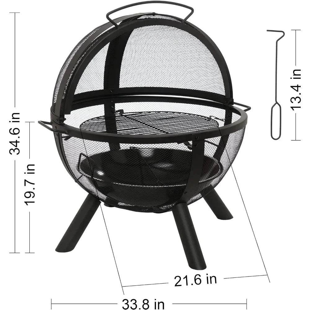 Ball of Fire Pit 35" Outdoor with BBQ Grill Globe Large Round Pit,Patio Fireplace for Camping, Heating, Bonfire and Picnic