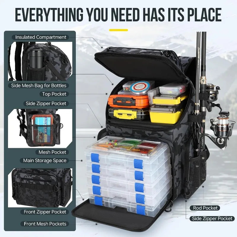 Fishing Backpack with Rod Holders & Cooler, 45L Large Water-resistant Fishing Tackle Bag