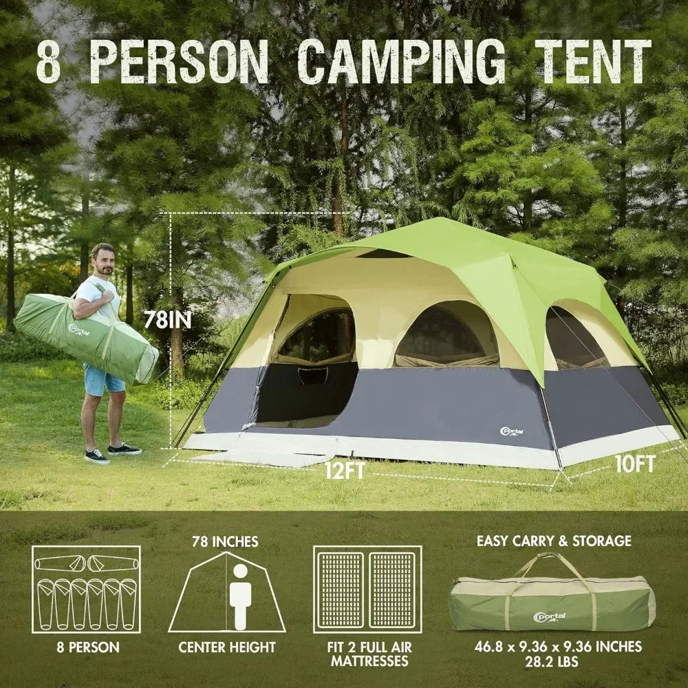 8 person instant tent camping, large waterproof family tent easy to set up, with 5 large mesh windows, rain flies, and handbag