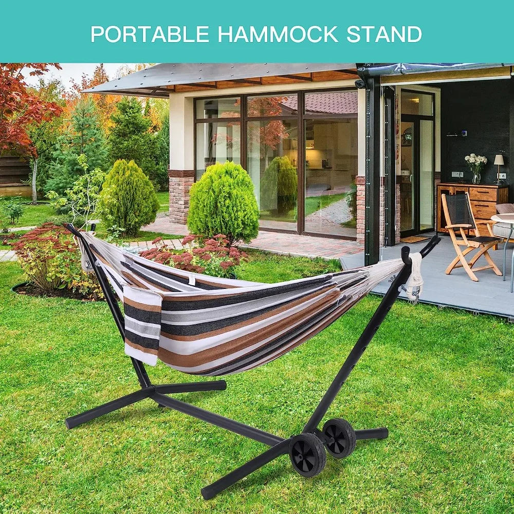 Portable Hammock with Stand Included with Wheels Outdoor Double 2 Person Heavy Duty  450 lb Capacity - Get Outdoors Now