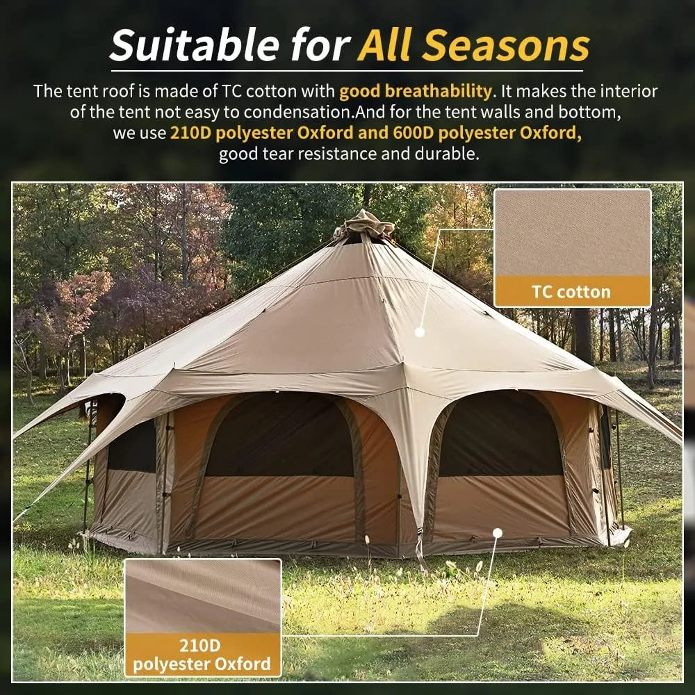 Canvas Tent Bell Tent 16.4ft*High9.2ft with Stove Jack for Glamping Family Camping Zipped Removable Floor - Get Outdoors Now