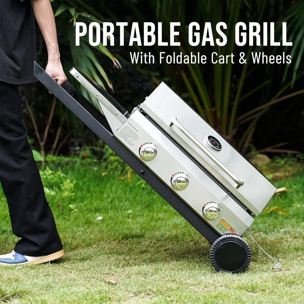 BBQ Gas Griddle 3-Burner With Cart & Side Table Gas Stove for Trips Outdoor Camping Cooking Set Tent Folding Fire Pit