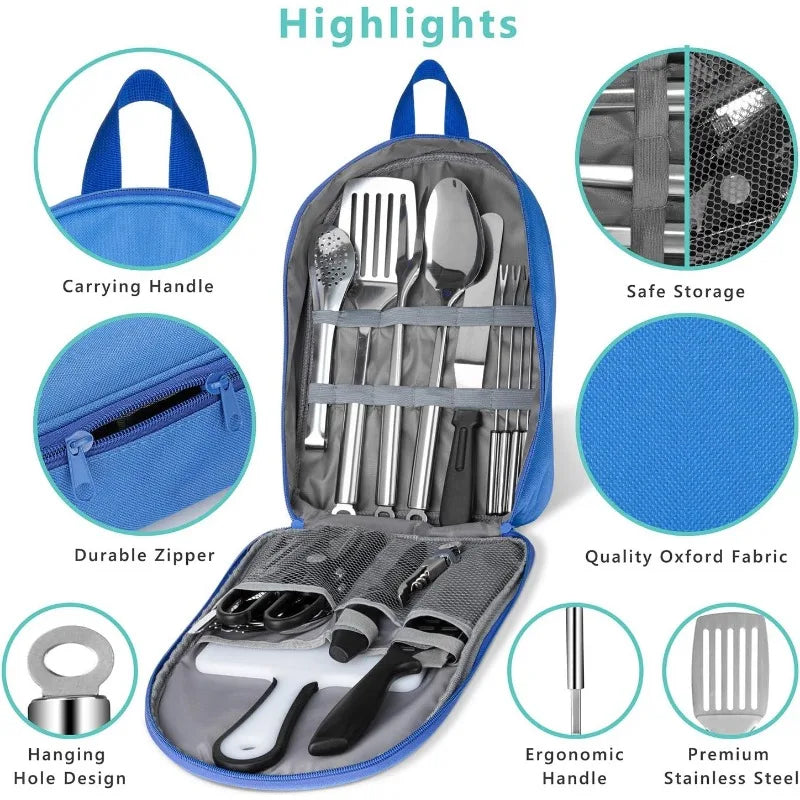 Camping Kitchen Utensil Set, 27-Piece Stainless Steel Outdoor Cooking and Grilling Utensil Organizer