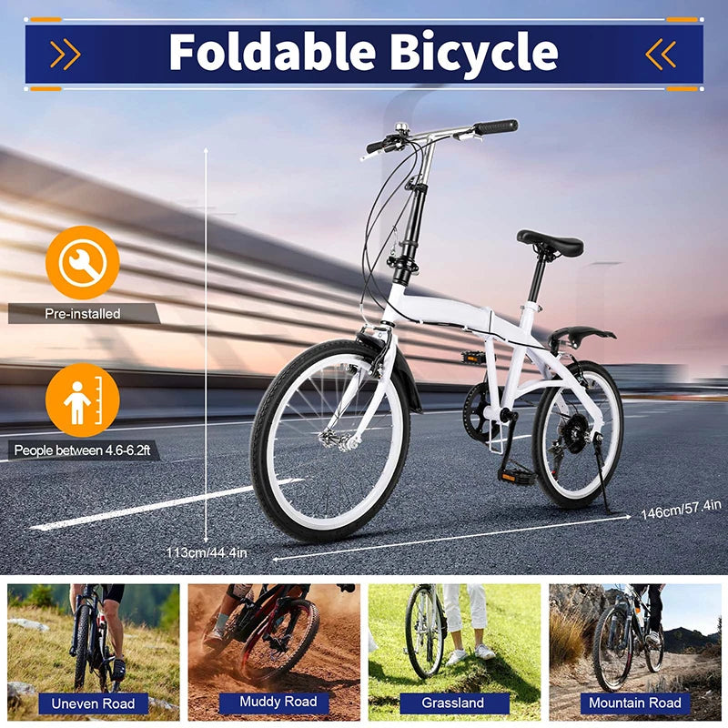 20in Bike 6 Speed Foldable City Bike Carbon Steel Bicycle for Adults Foldable Bicycle with Adjustable Seats - Get Outdoors Now