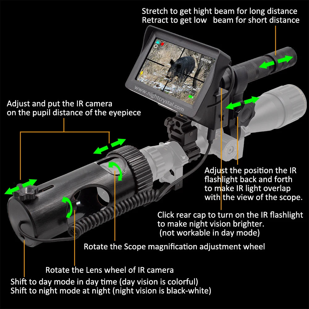 Day Night Vision Scope with Hunting Camera 4.3" Screen and Laser IR Lantern Optics Sight 720P HD Record Video Take Photo