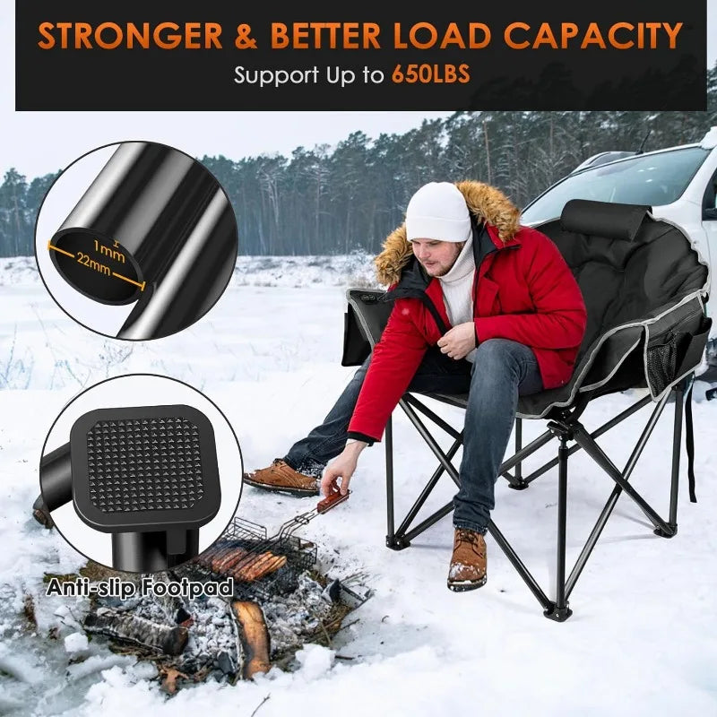 Heated Camping Chair, W/3 Heat Levels for Back & Seat, Portable Folding Heated Lawn Chairs for Patio (Battery NOT Included)