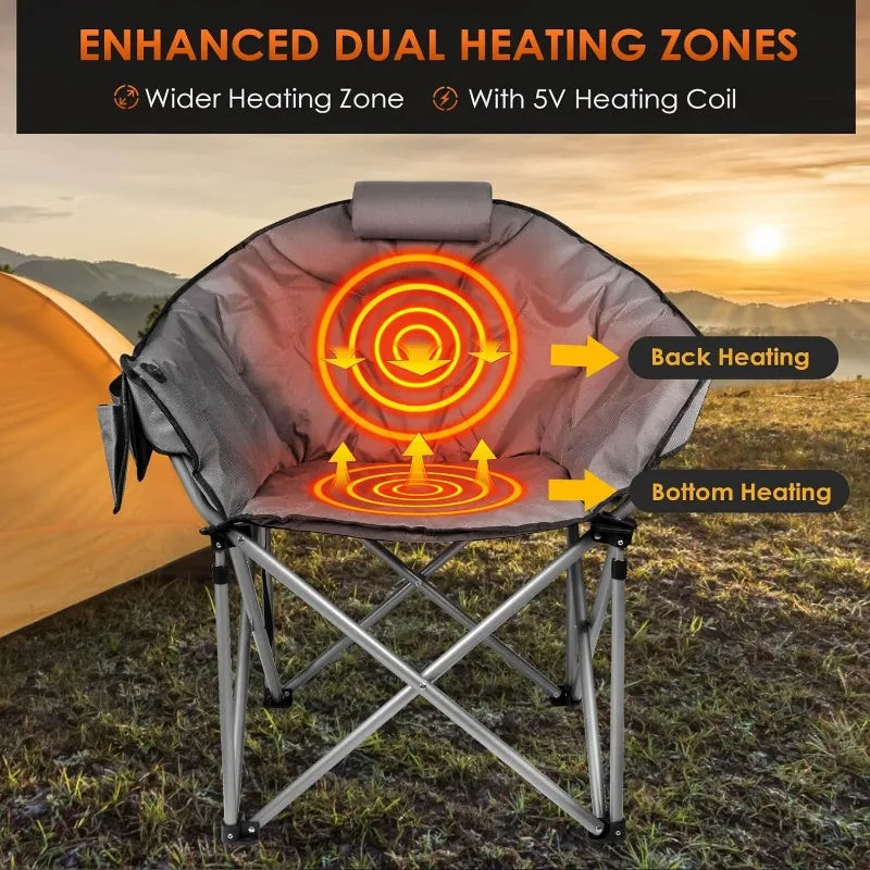 Heated Camping Chair, W/3 Heat Levels for Back & Seat, Portable Folding Heated Lawn Chairs for Patio (Battery NOT Included)