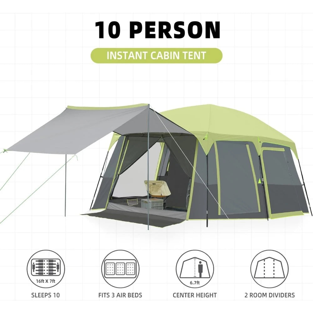 Camping Tents 10 Person Family Cabin Tent with 2 Doors and 4 Windows Large Multiple Room Tent with Floor Mats  for Camping