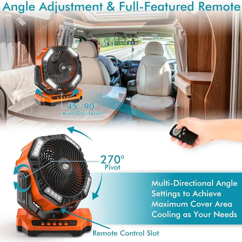 Battery Operated Camping Fan, Rechargeable High Velocity Floor Fan, Auto Oscillation Remote Control Timer - Cordless